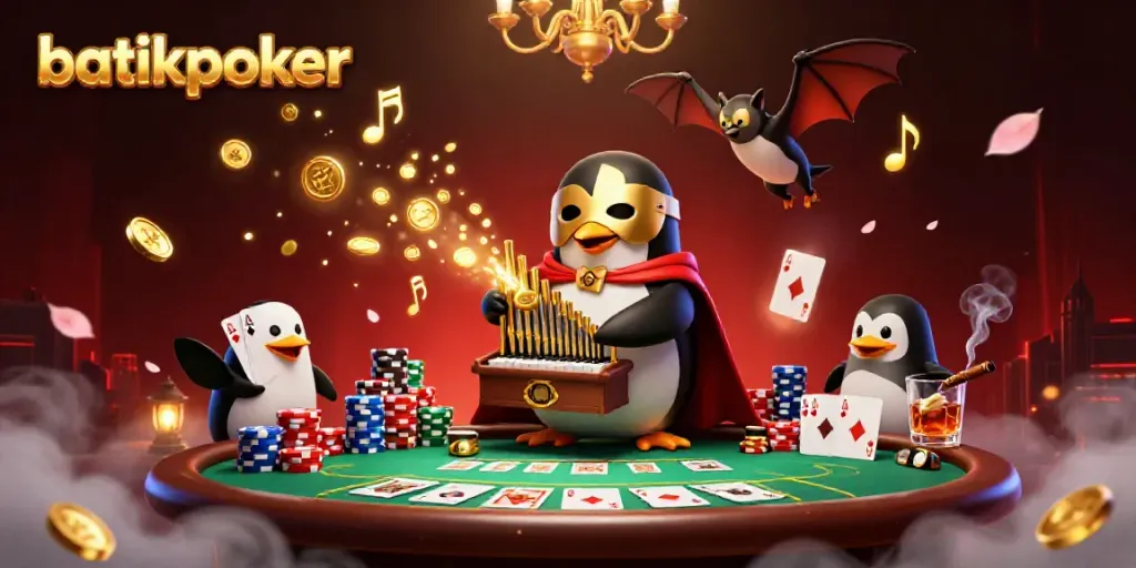 Menggambarkan Batikpoker, penguin opera fantasma bermain organ sambil uang emas mengalir.