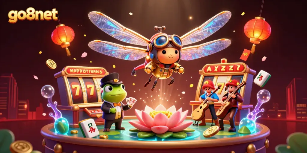 Engage with vibrant go8net gaming action featuring a dragonfly pilot and frog croupier in a lively casino scene.