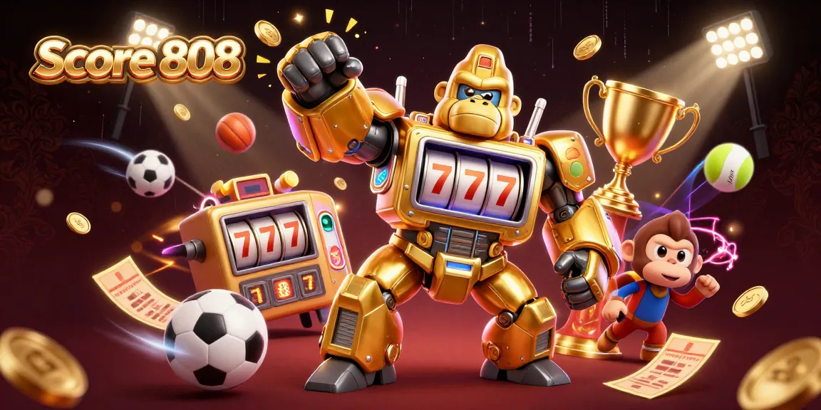Score 808 showcases a dynamic golden gorilla mech amidst flying sports balls and vibrant betting elements.