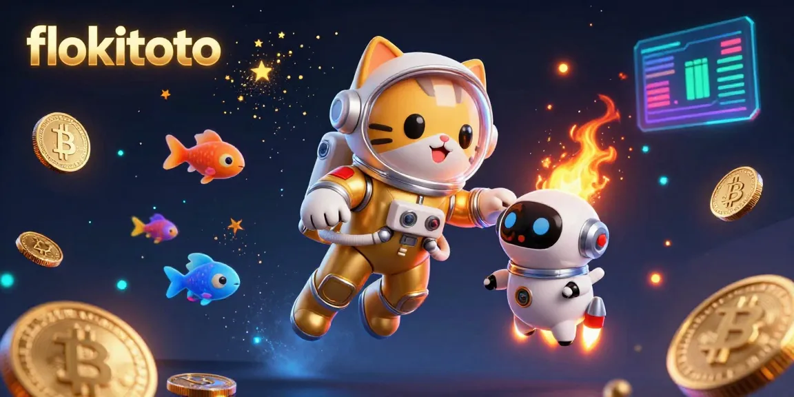 Engage with flokitoto through an imaginative 3D scene showcasing gaming excitement amidst vibrant cosmic elements.