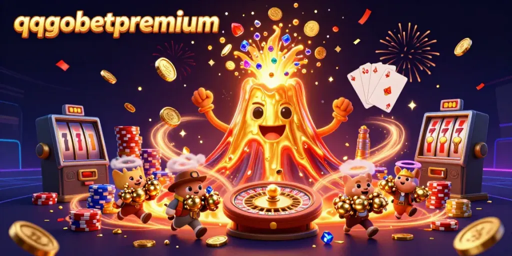 Experience the excitement at qqgobetpremium with a triumphant volcano erupting golden treasures and adventure.