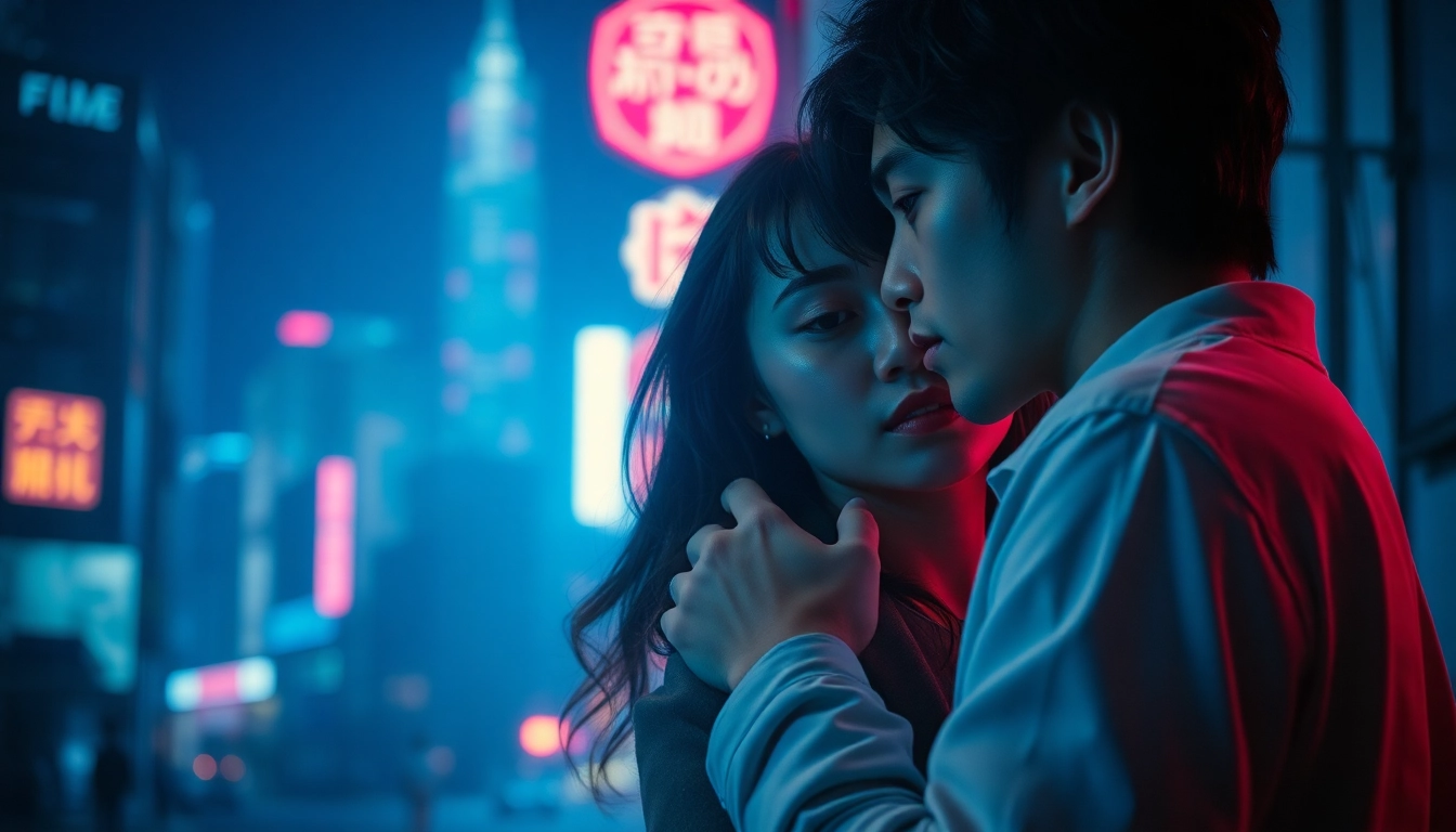 Menampilkan karakter utama film semi jepang dalam momen dramatis di latar belakang kota yang diterangi lampu neon.