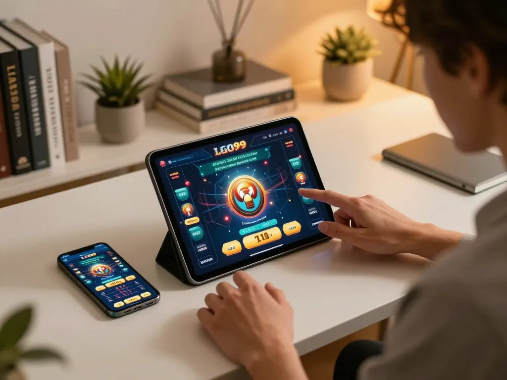 LGO99 pengalaman bermain game online dengan tablet dan aplikasi yang menunjukkan strategi permainan yang bertanggung jawab