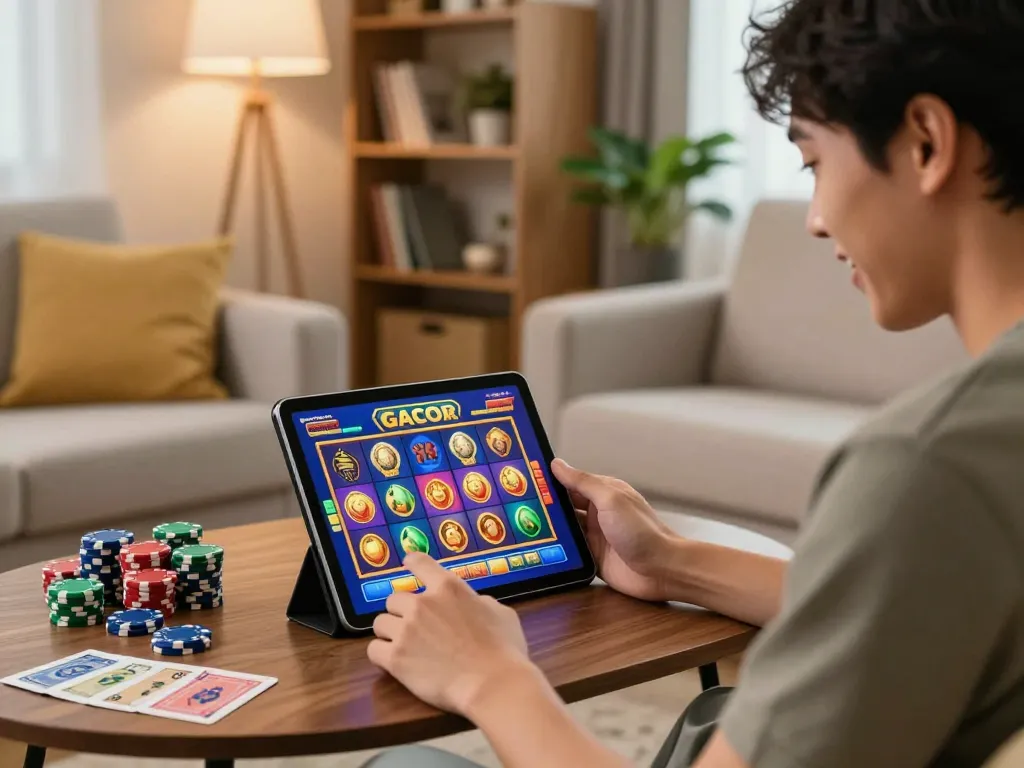 Engaged player celebrating a win in slot gacor on a tablet in a cozy living room environment