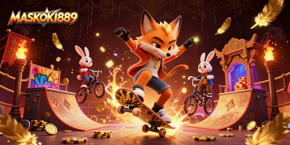 Experience action with MASKOKI889 in a vibrant 3D illustration featuring dynamic gambling elements.