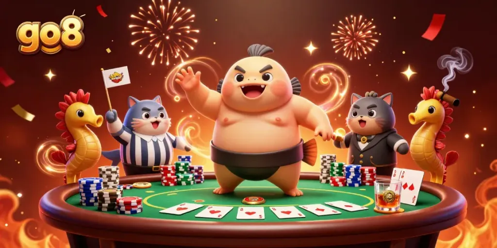 Engage with the go8 card game scene featuring a blowfish champion, catfish referee, and festive atmosphere.