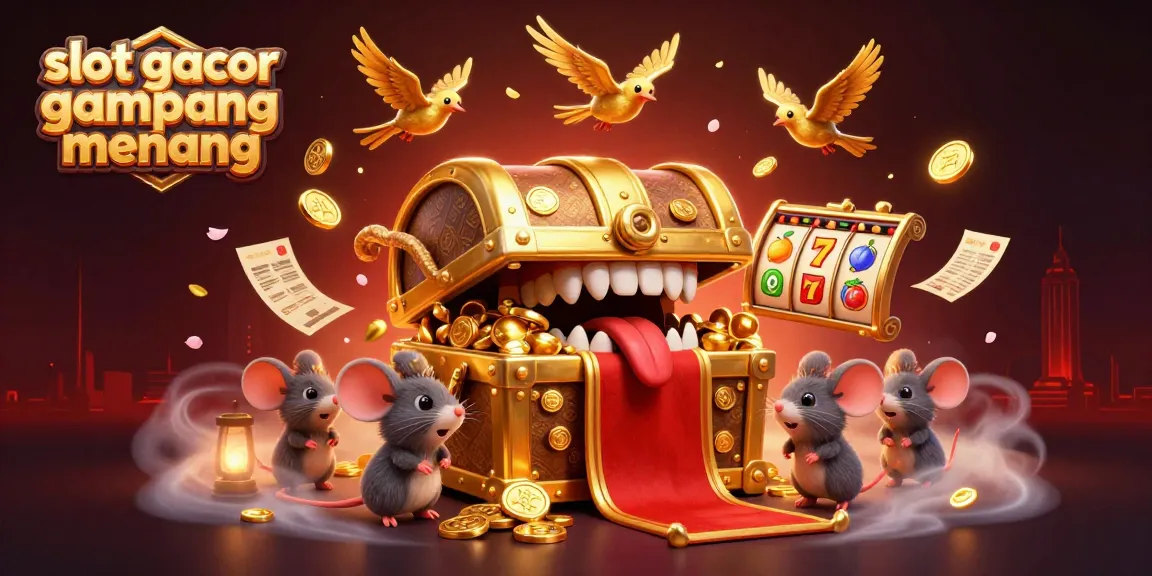 Permainan slot gacor gampang menang dengan peti harta karun emas dan simbol jackpot, menarik pemain.