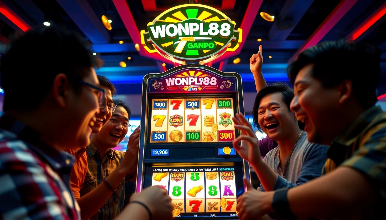 Winning players celebrate at WONPLAY907 online slot machine, showcasing excitement and vibrant atmosphere.