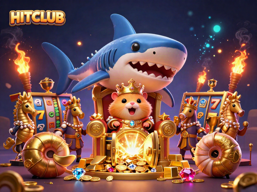 Engage in thrilling HITCLUB casino adventures with a hamster king amidst golden treasures and slot reels.