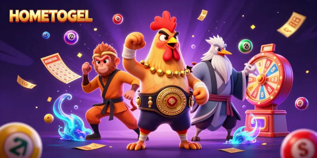 Engage with HOMETOGEL's vibrant casino theme, highlighting cartoon characters in an exciting gaming environment.