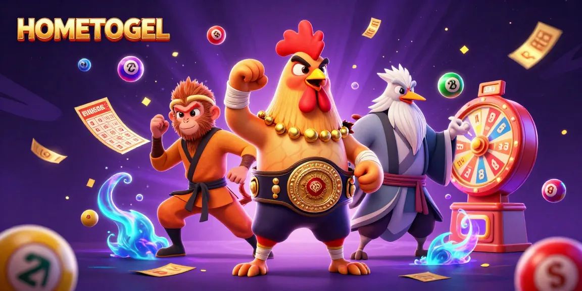 Engage with HOMETOGEL's vibrant casino theme, highlighting cartoon characters in an exciting gaming environment.