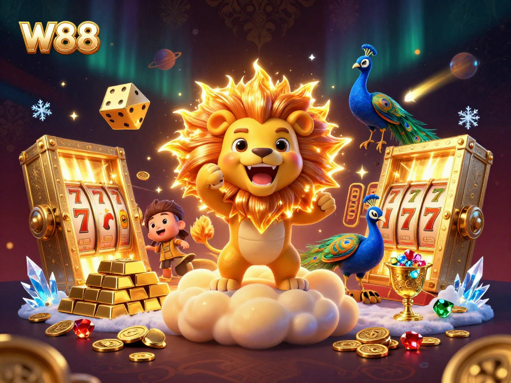 Experience winning thrills with W88 in a vibrant casino scene showcasing gleaming treasures and lively gameplay.