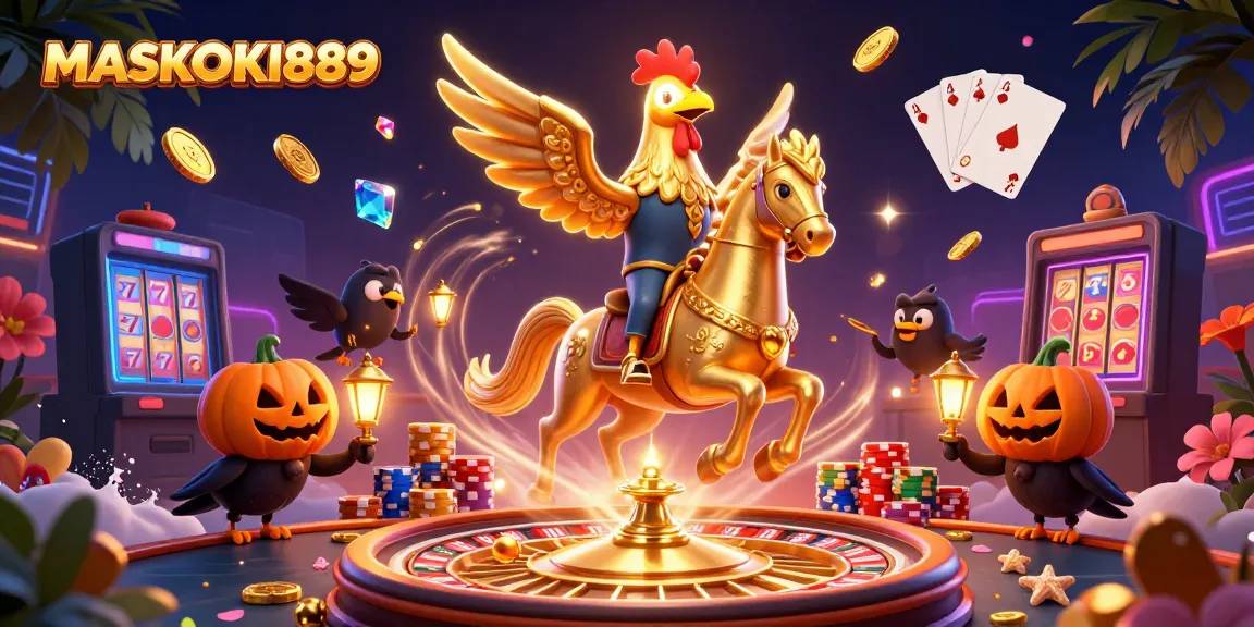 Engage with thrilling wins at MASKOKI889, featuring a golden rooster in a vibrant casino setting.