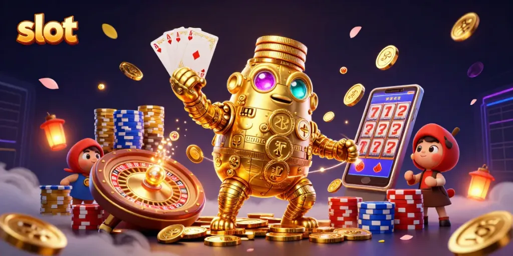 Spin exciting slot machines surrounded by sparkling coins and gems in a vibrant casino scene.