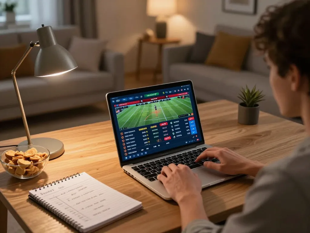 Engaging in sports betting on F8bet luxury platform at home with strategic notes.