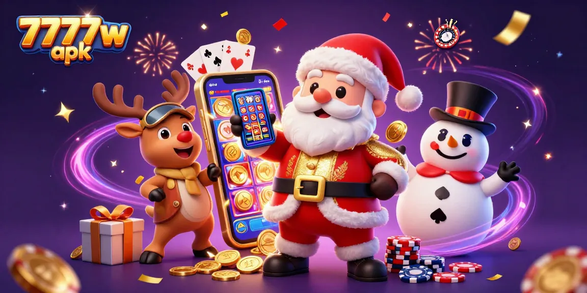 Experience the excitement of 7777w apk with Santa, reindeer, and snowman in a vibrant casino.