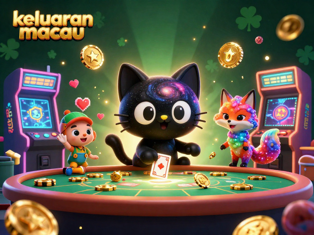 Keluaran macau menampilkan kucing lubang hitam 3D yang menarik chip emas di meja kasino kosmik.