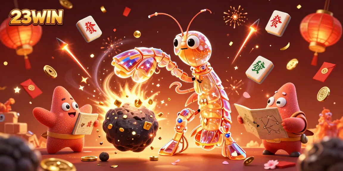 Join 23WIN in a vibrant casino explosion with gems, lanterns, and a triumphant mantis shrimp.