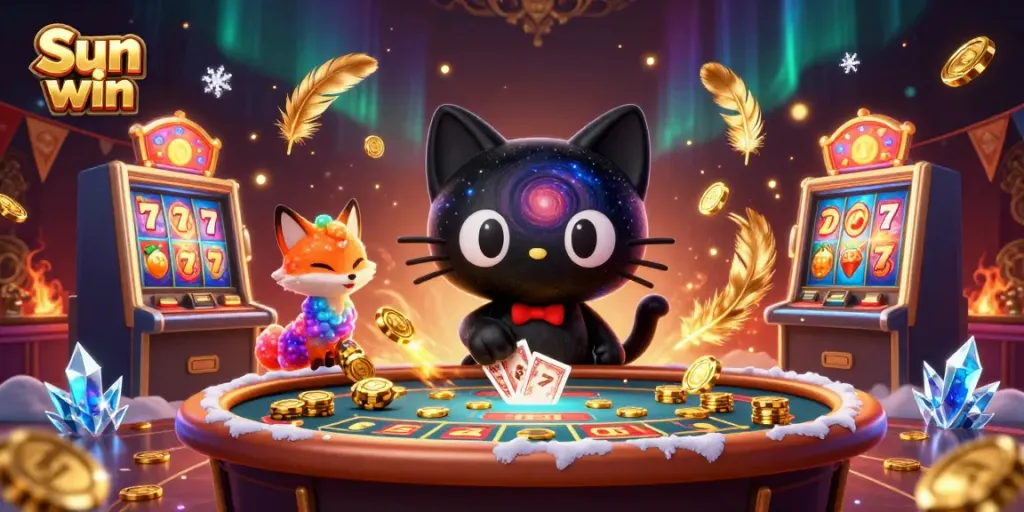 Engage with Sun win’s vibrant cosmic casino, filled with chips, cards, and dynamic game elements.