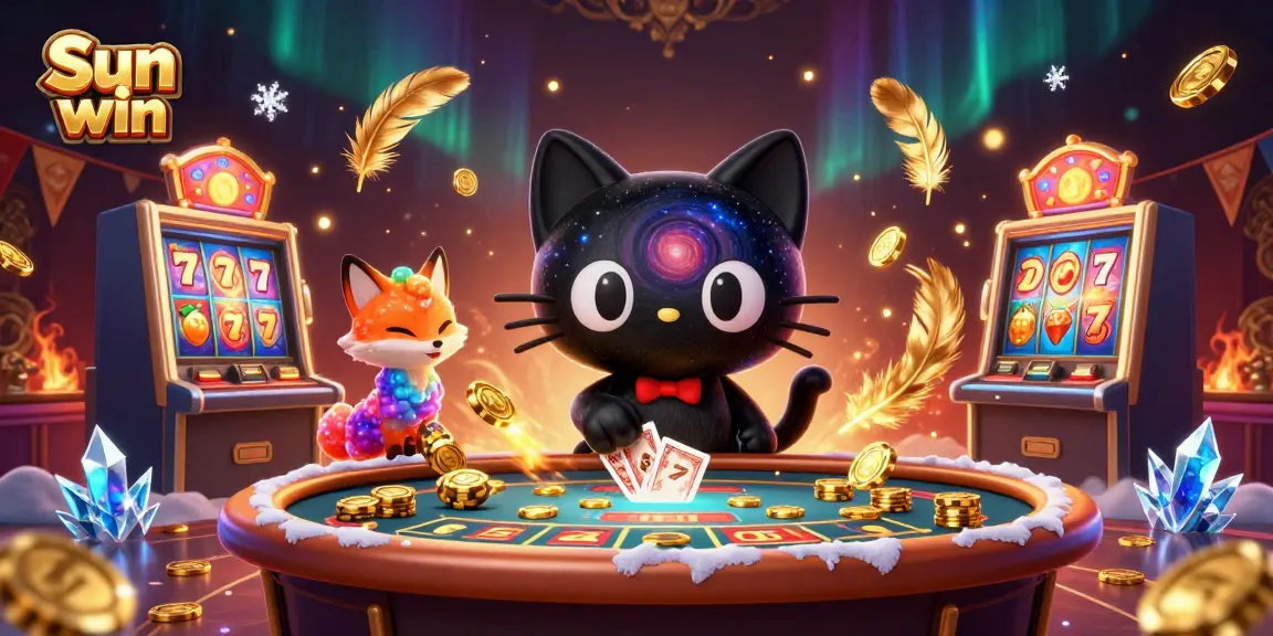 Engage with Sun win’s vibrant cosmic casino, filled with chips, cards, and dynamic game elements.