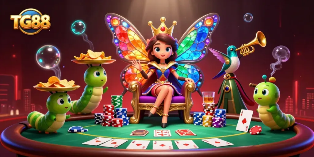 Experience thrilling adventures at TG88 with vibrant casino action featuring a butterfly queen.
