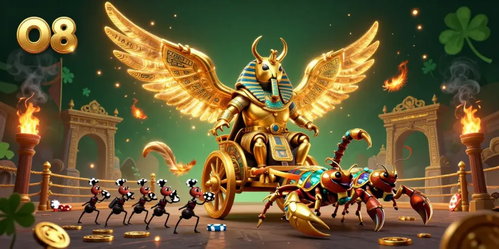Engage in thrilling gaming experiences with O8's vibrant casino scene featuring golden beetle warriors and poker chip soldiers.