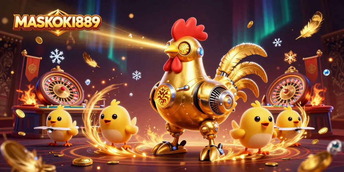 Experience winning at MASKOKI889's live casino with a vibrant golden rooster robot and interactive elements.