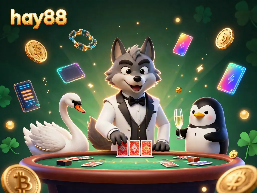Engage in thrilling baccarat with hay88, presented by stylish characters at a vibrant casino scene.