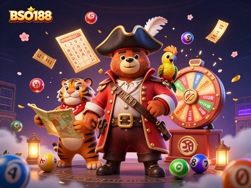 Engage in vibrant lottery excitement with BSO188's 3D pirate-themed adventure illustration.