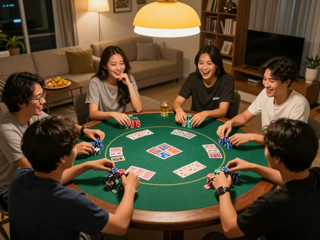 Friends enjoying poker night with chip stacks and cards, showcasing slot gacor gampang menang excitement.