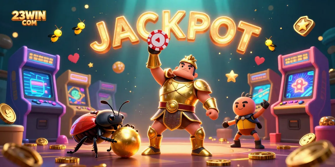 Engage with 23WIN COM as a heroic beetle lifts a poker chip amidst casino excitement and glowing game elements.