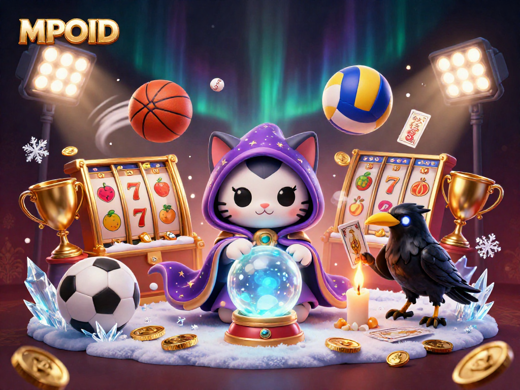 Engage with MPOID's vibrant slots scene featuring a fortune teller cat and mystical elements with sports themes.