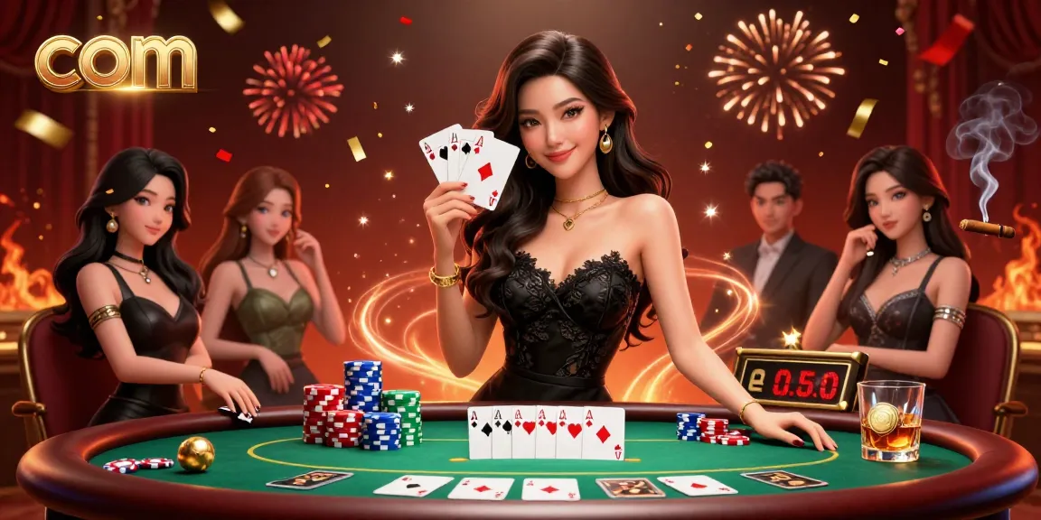 Engage in thrilling poker action at com with an elegant woman showcasing ace cards among vibrant casino elements.