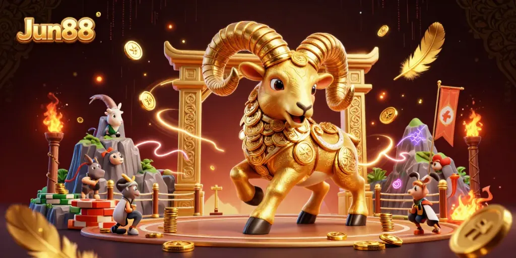 Experience the excitement of Jun88 with a golden ram charging through a gambling arena filled with exciting elements.