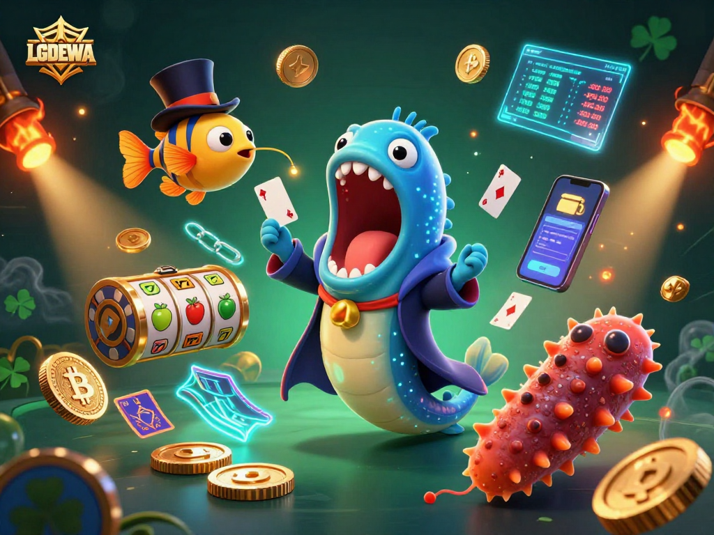 Experience thrilling card tricks with LGODEWA's vibrant casino scene featuring a gulper eel magician