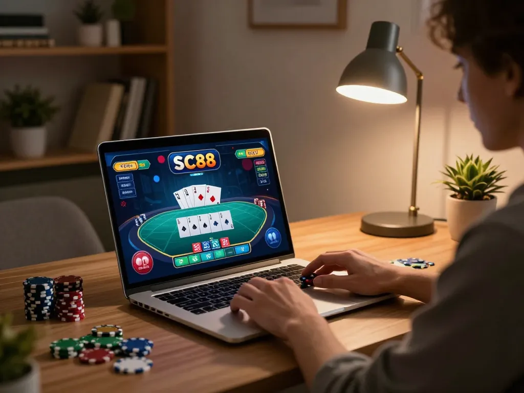 Player enjoying an interactive SC88 poker game on a laptop at home