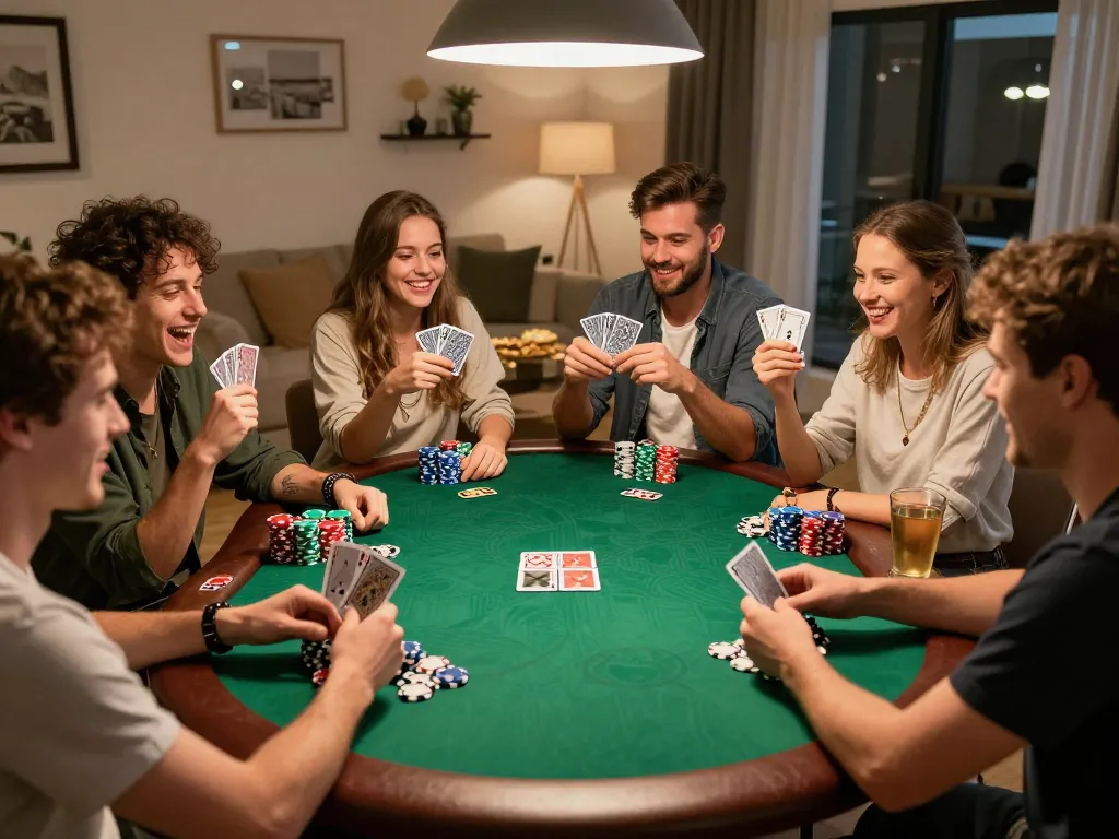 Teman-teman menikmati malam poker di rumah, menampilkan permainan strategis dan kegembiraan, setting alexis500