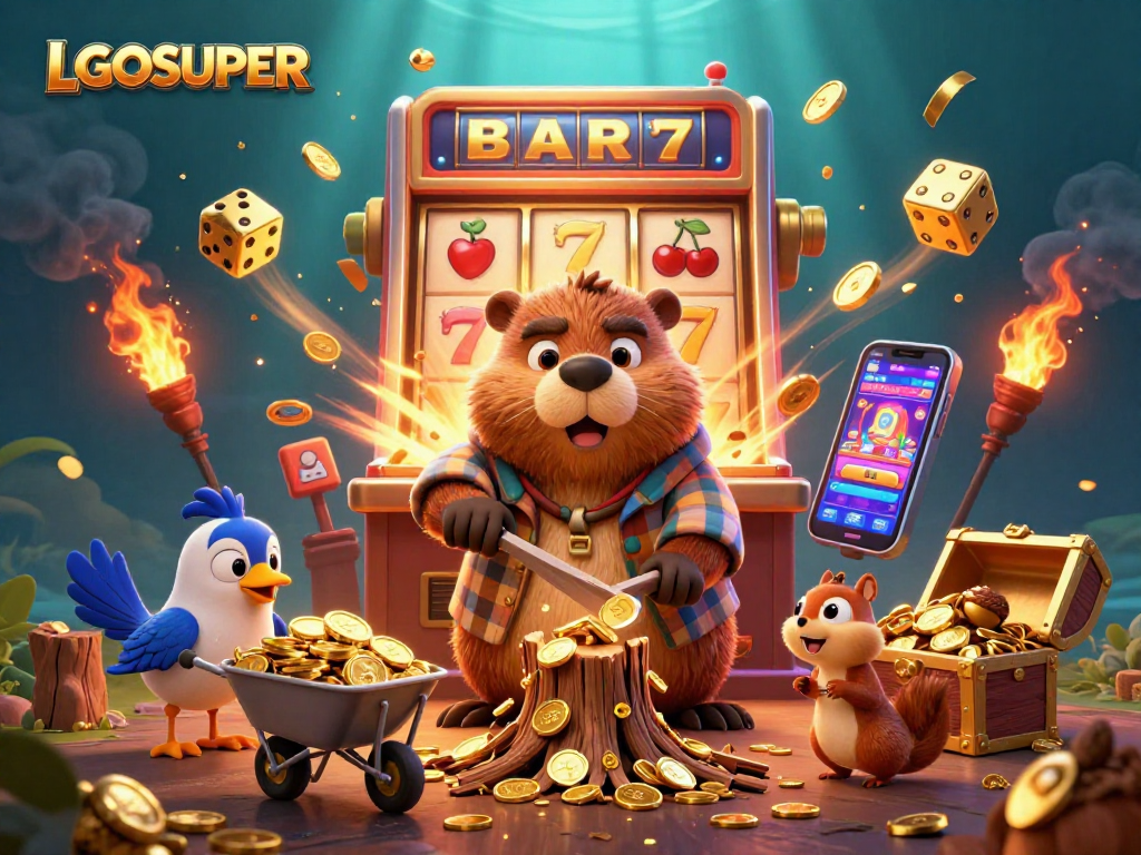 Engage with LGOSUPER's thrilling gaming experience featuring vibrant slot machines and characters collecting coins.