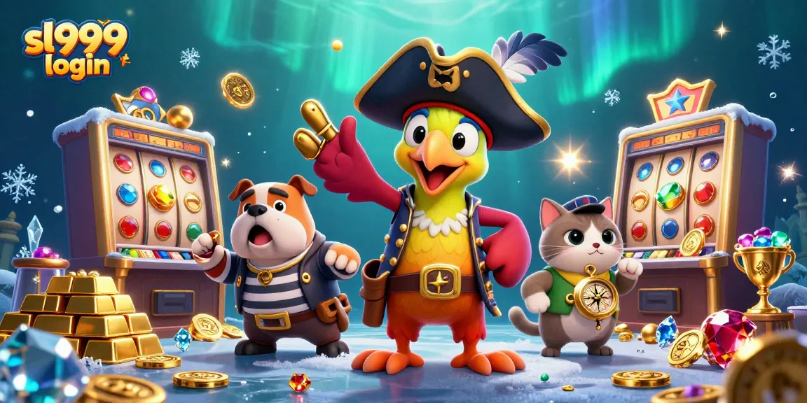 Engage in sl999 login with a vibrant pirate-themed casino scene featuring slot machines.
