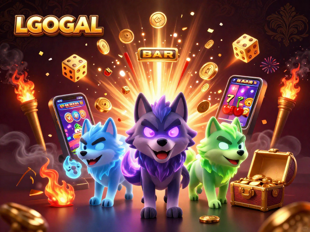 Experience thrilling wins with LGOGOAL in a vibrant casino scene featuring glowing wolves and slot jackpots.