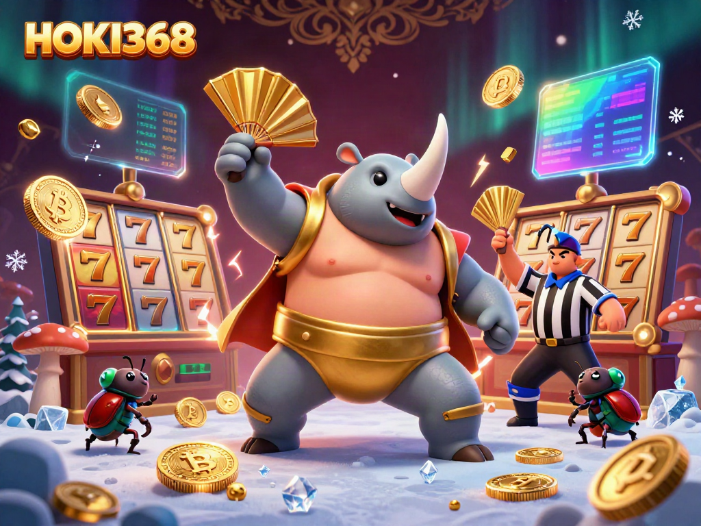 Experience thrilling gameplay with HOKI368 as a rhinoceros beetle champion stomps golden coins in a vibrant casino.