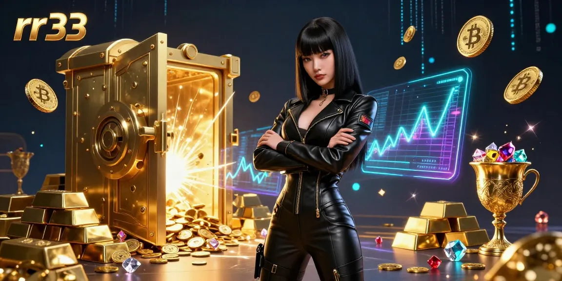 Experience the thrill of rr33 with a stunning Asian woman surrounded by glowing Bitcoin coins in a vibrant casino.