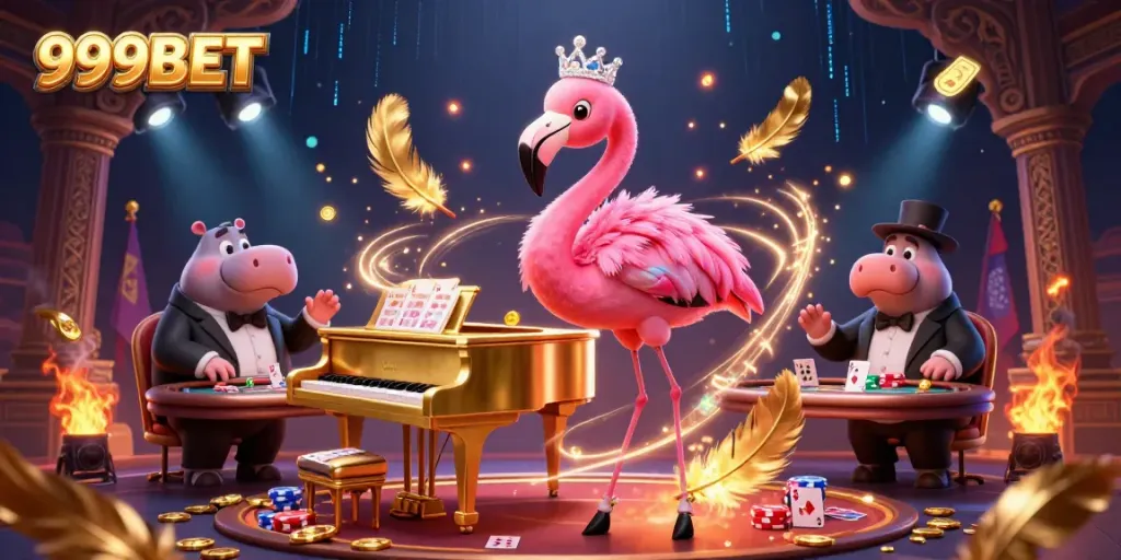 Engage with the vibrant casino scene showcasing 999BET's lively characters and dynamic elements.