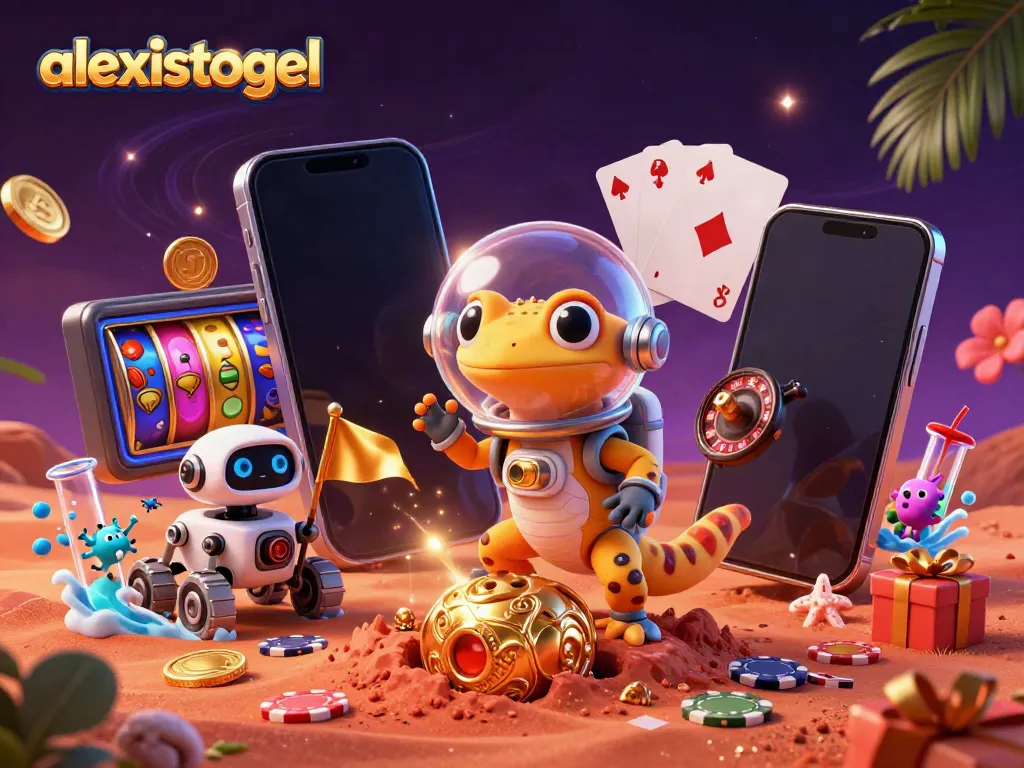 Gambarkan alexistogel yang menarik dengan gecko Mars menemukan kasino emas, dikelilingi barang permainan.