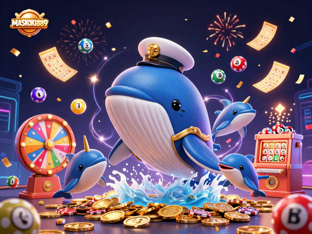 Win big with MASKOKI889 as a cartoon whale breaches a sea of coins in a vibrant casino scene.