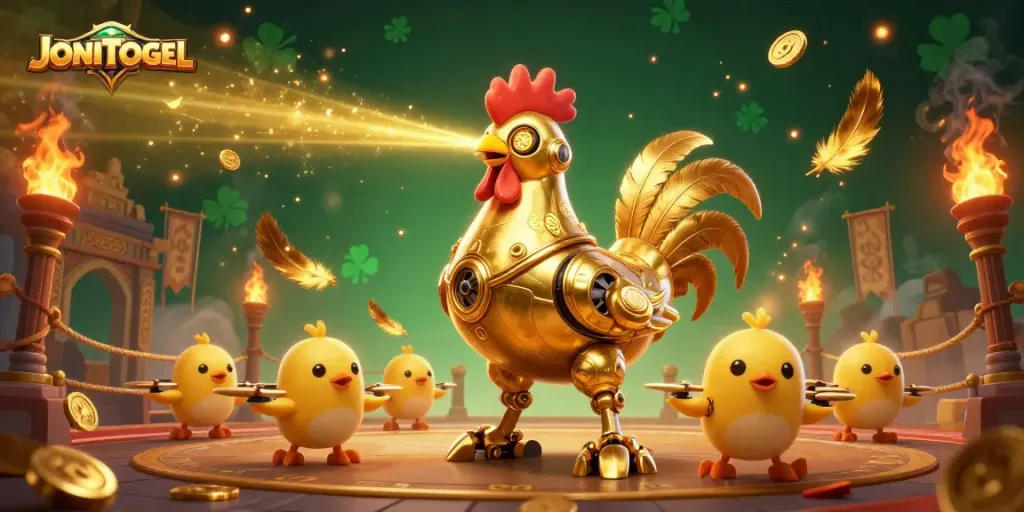 Experience dynamic betting scenes at JONITOGEL with a futuristic golden rooster robot and baby chick drones.