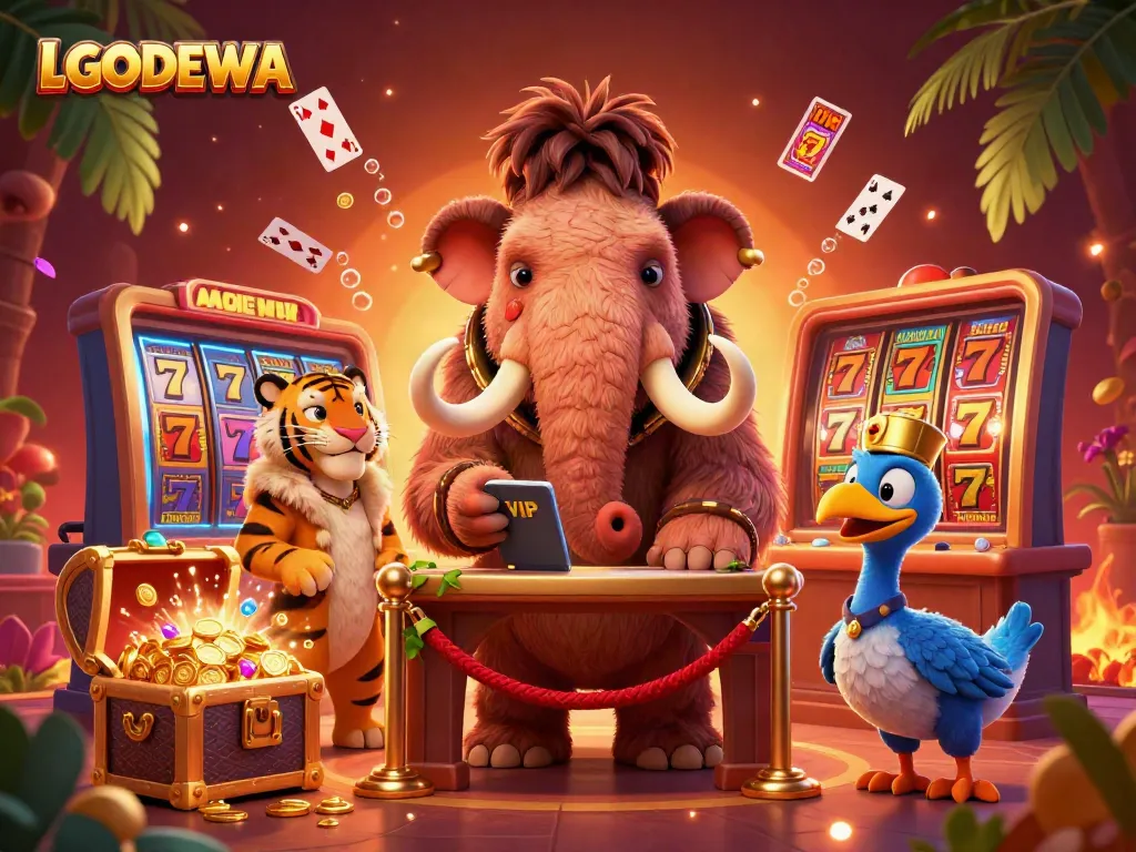 Experience LGODEWA with immersive casino action, featuring a woolly mammoth bouncer and saber-tooth tiger guest.