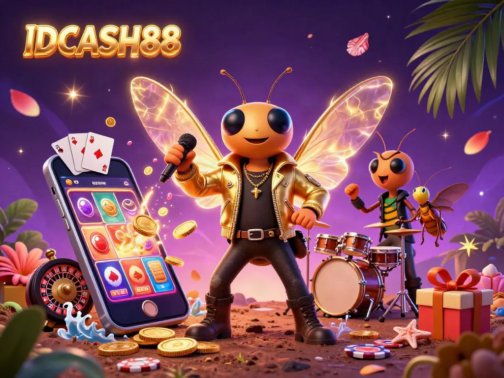 Experience the excitement at IDCASH88 with a vibrant scene of a cicada rock star and casino games.