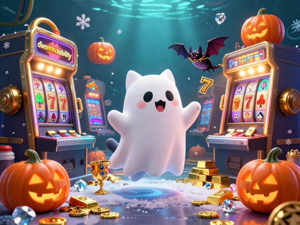 diveintoaccessibility showcases a friendly ghost cat and bat in a bustling casino, amidst sparkling treasure and vibrant slot machines.