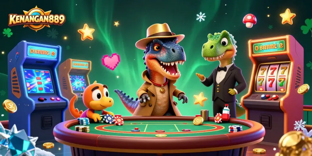 Play and win at KENANGAN889 casino with a velociraptor card counter and stegosaurus pit boss in a lively scene.